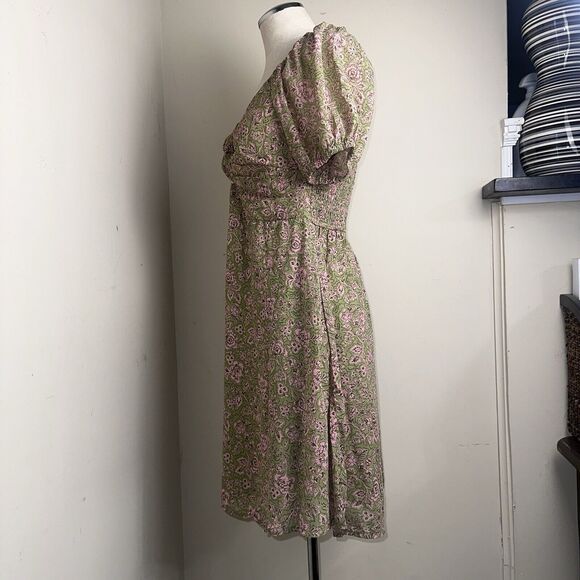 NWT Japna Olive Green Pink Floral Smocked Dress Puffy Sleeves Sz Xtra Large XL - Picture 5 of 8